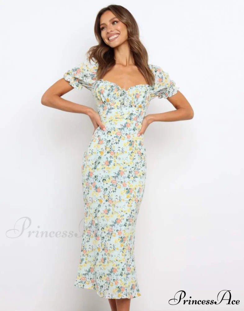 Summer Beach Sweet Dress with Puff Sleeves and Ruffles S / GREEN