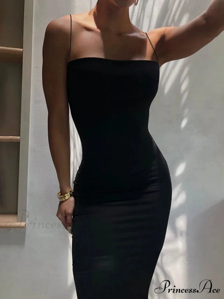Summer Black Spaghetti Strap Backless Solid Sleeveless Elegant Party Bodycon Dress Black / S