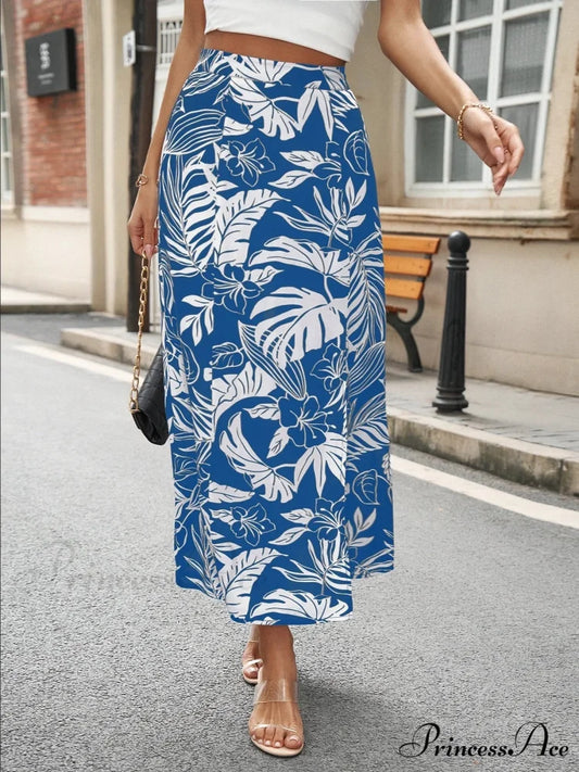 Summer Bohemian Floral Vintage Informal Streetwear Extended Skirt BLUE / S skirt-250126