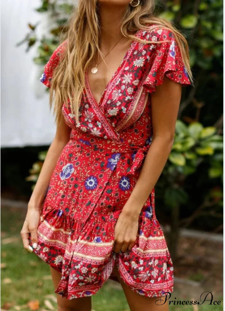 Summer Boho Floral Print Mini Wrap Beach Boho Dress Burgundy / S