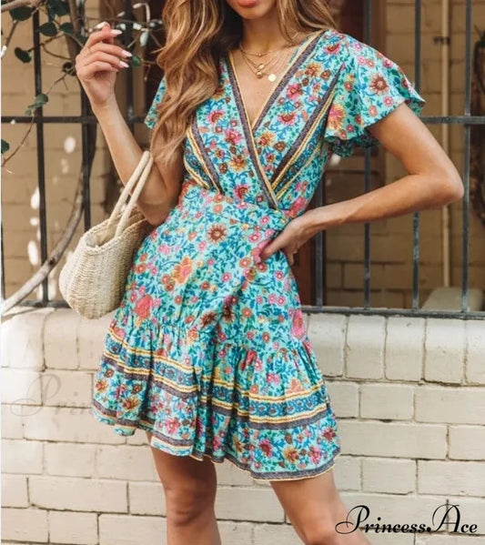 Summer Boho Floral Print Mini Wrap Beach Boho Dress Green / S