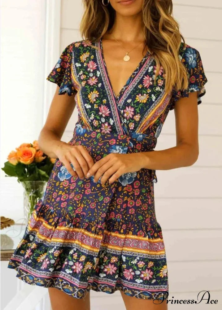 Summer Boho Floral Print Mini Wrap Beach Boho Dress Navy Blue / S