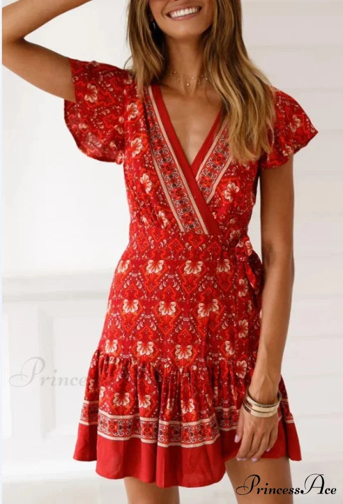 Summer Boho Floral Print Mini Wrap Beach Boho Dress Red / S