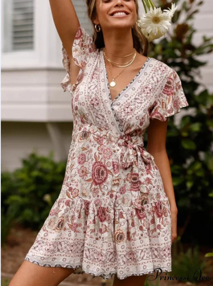 Summer Boho Floral Print Mini Wrap Beach Boho Dress WHITE / S