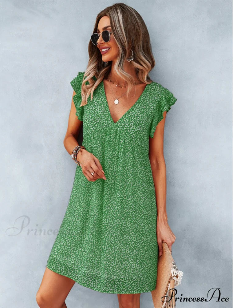 Summer Casual V Neck Floral Print Ruffle Short Sleeve Beach Dress M / GREEN