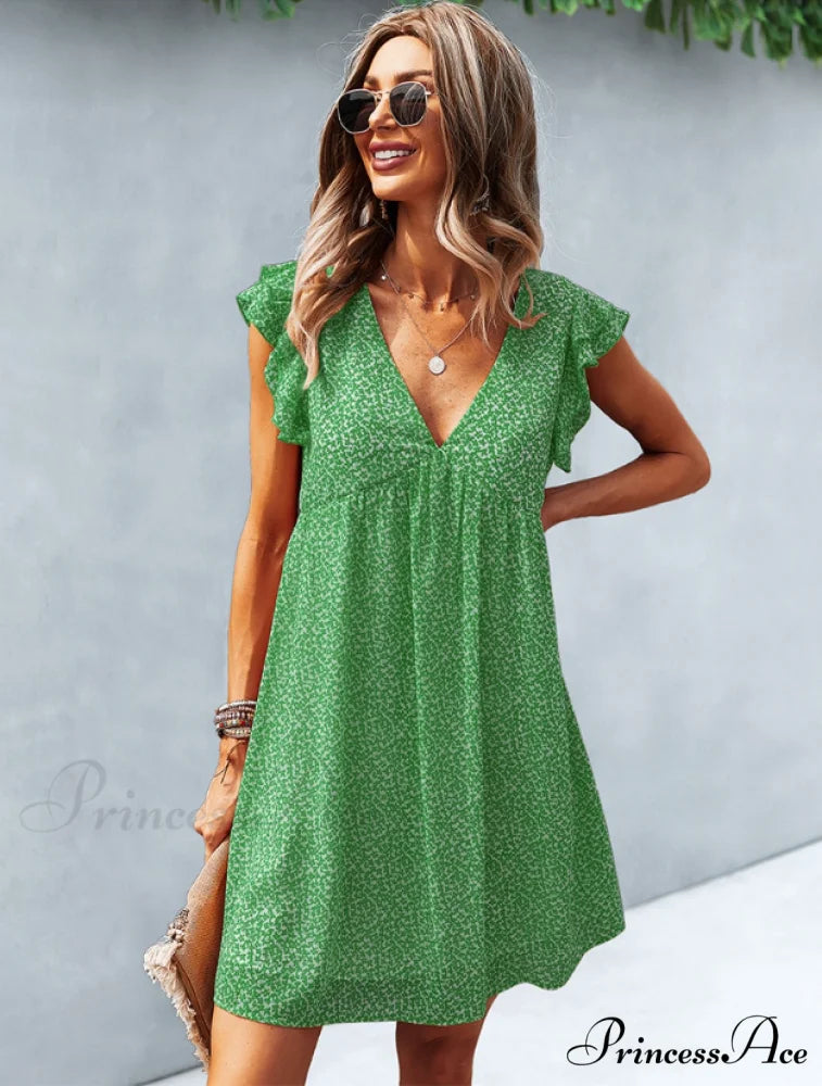 Summer Casual V Neck Floral Print Ruffle Short Sleeve Beach Dress M / YELLOW