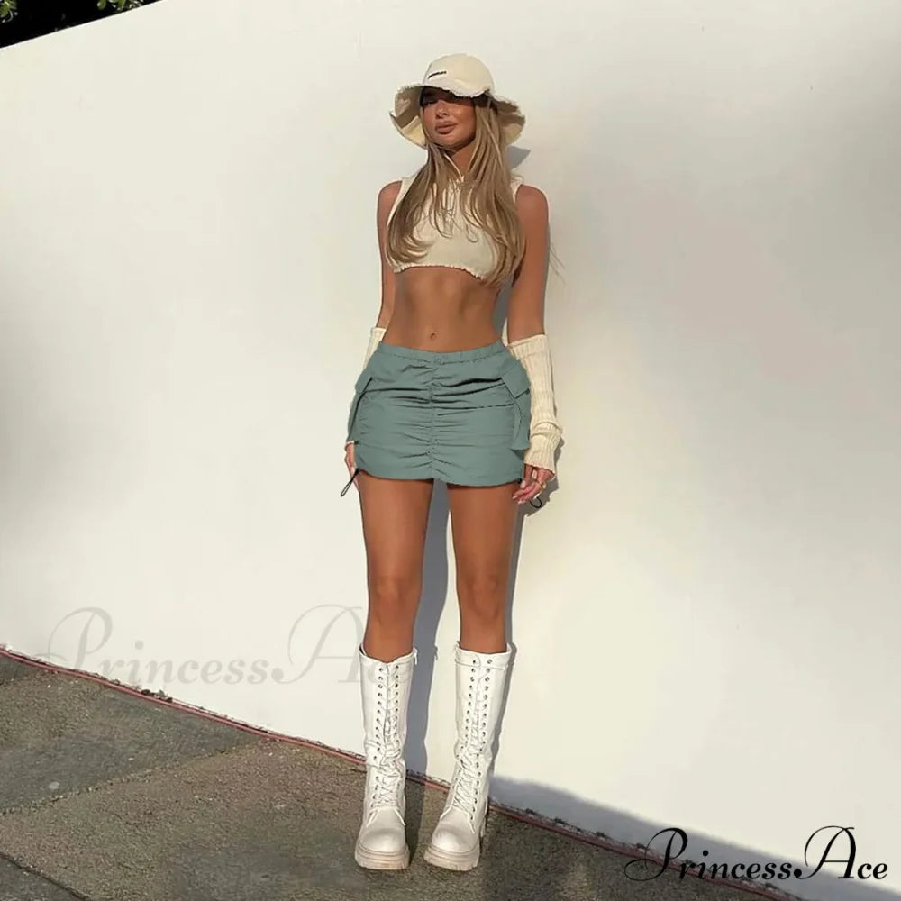 Summer Color Cargo Bodycon Pleated Mini Skirt CYAN / S