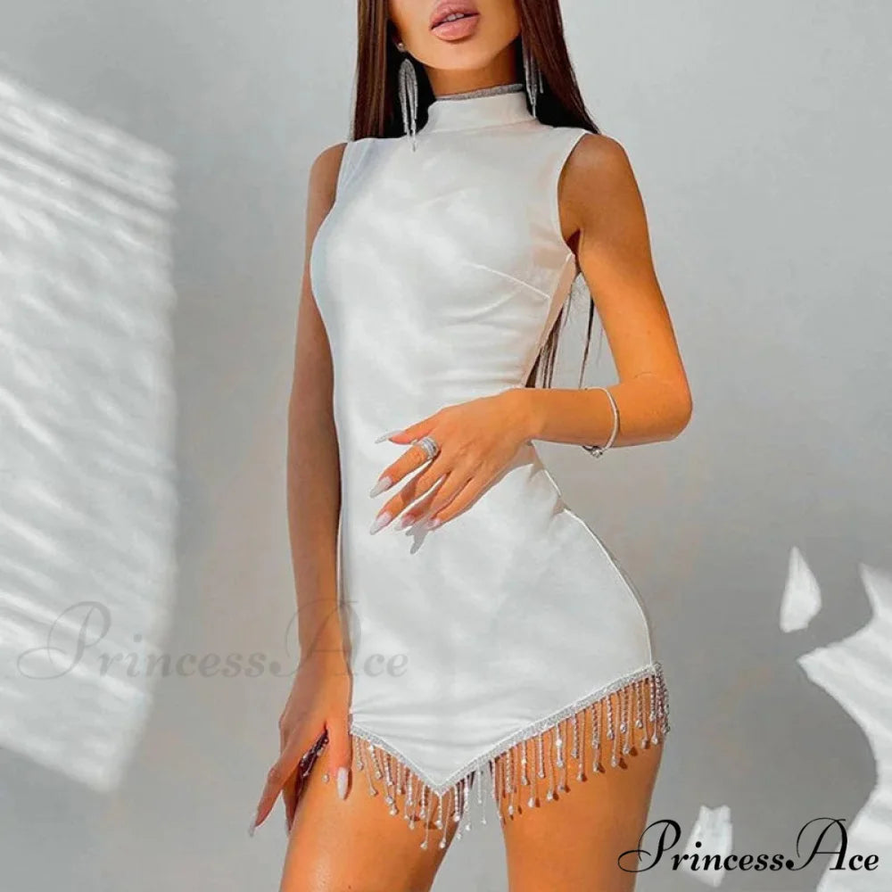 Summer Contrast Color Rhinestones Mini Dress - Round Neck Sleeveless Party Dress