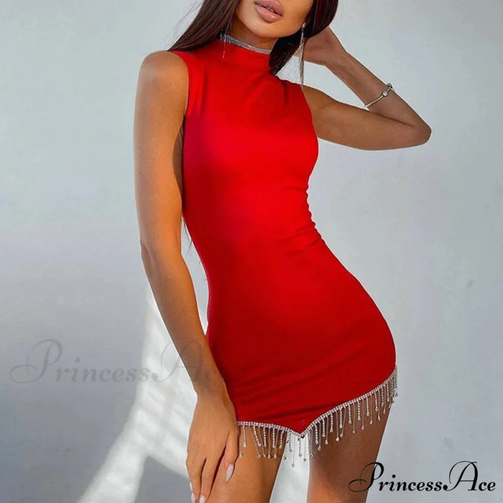 Summer Contrast Color Rhinestones Mini Dress - Round Neck Sleeveless Party Dress