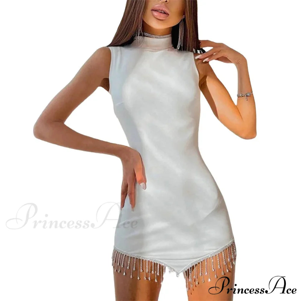 Summer Contrast Color Rhinestones Mini Dress - Round Neck Sleeveless Party Dress WHITE / S