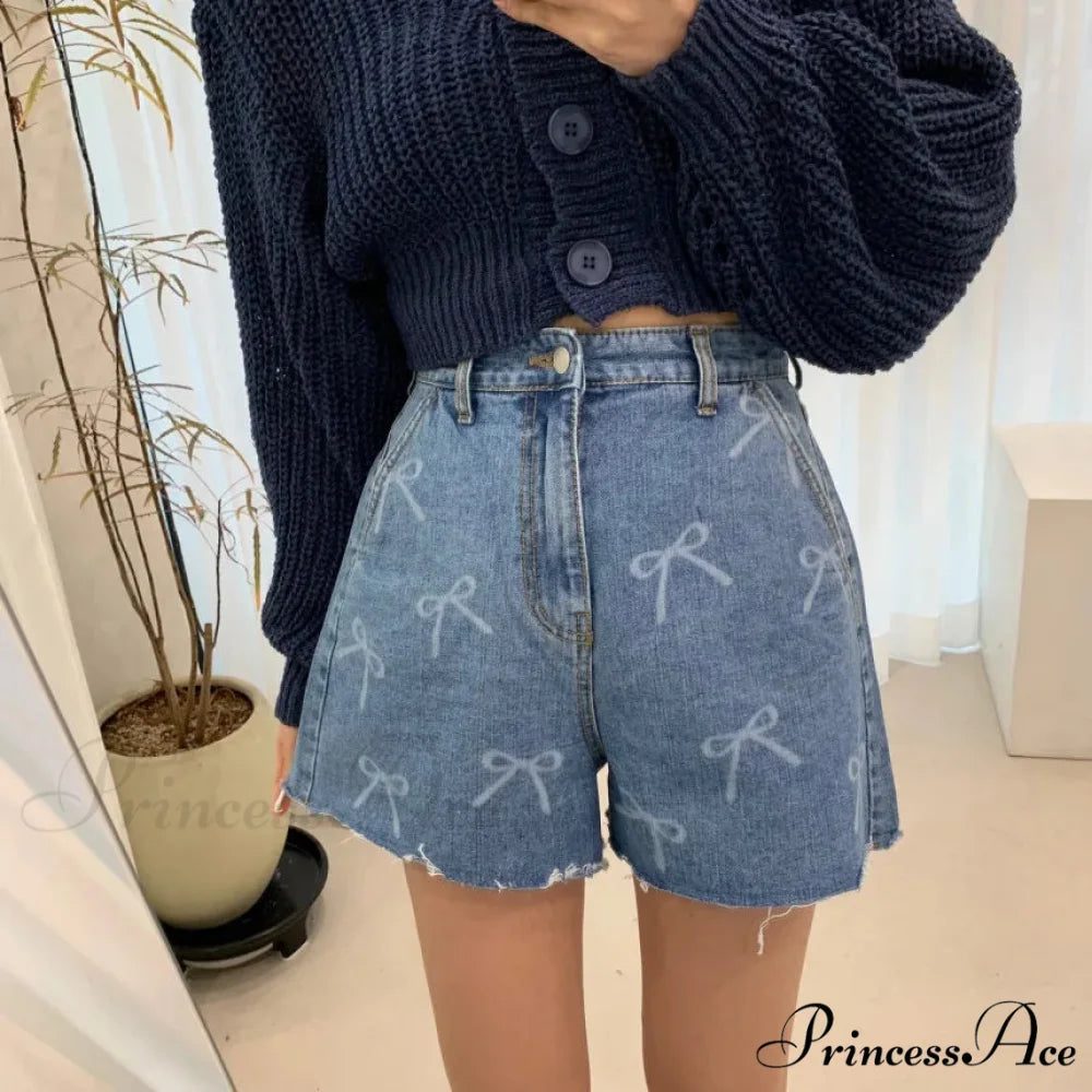 Summer Denim High Waist Printed Burrs Streetwear Mini Blue Color Jeans Short Blue / S