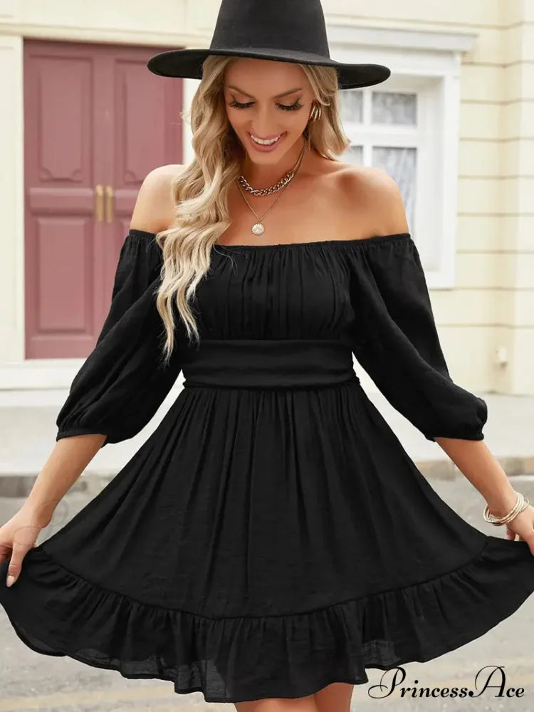 Summer Dress with Lantern Sleeves and Square Neck Ruffle Back M / Blue