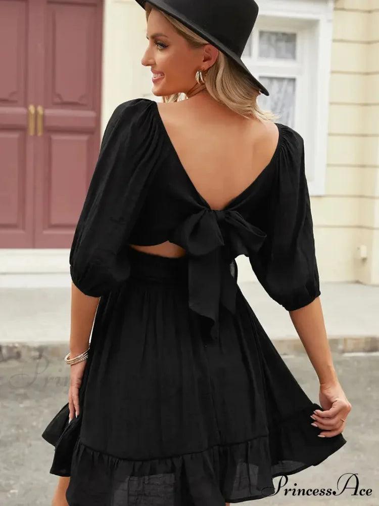 Summer Dress with Lantern Sleeves and Square Neck Ruffle Back M / Red