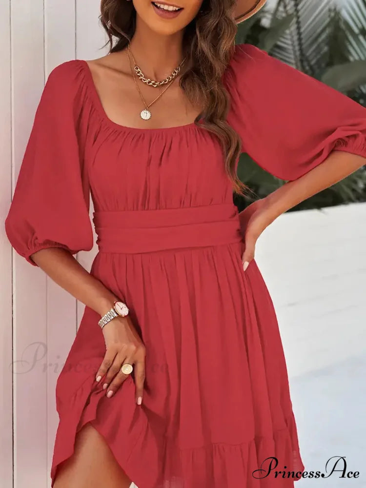 Summer Dress with Lantern Sleeves and Square Neck Ruffle Back S / White