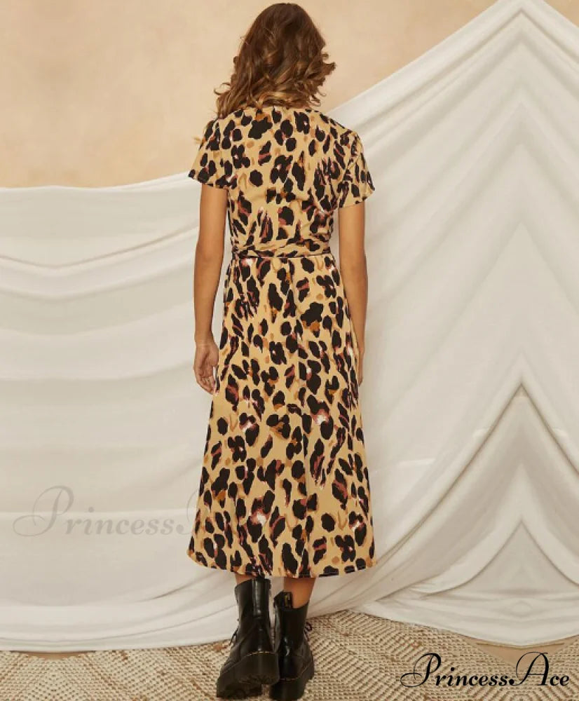 Summer Dress Women Leopard Printed Sundress Deep V-Neck Bandage Split Beach Dresses