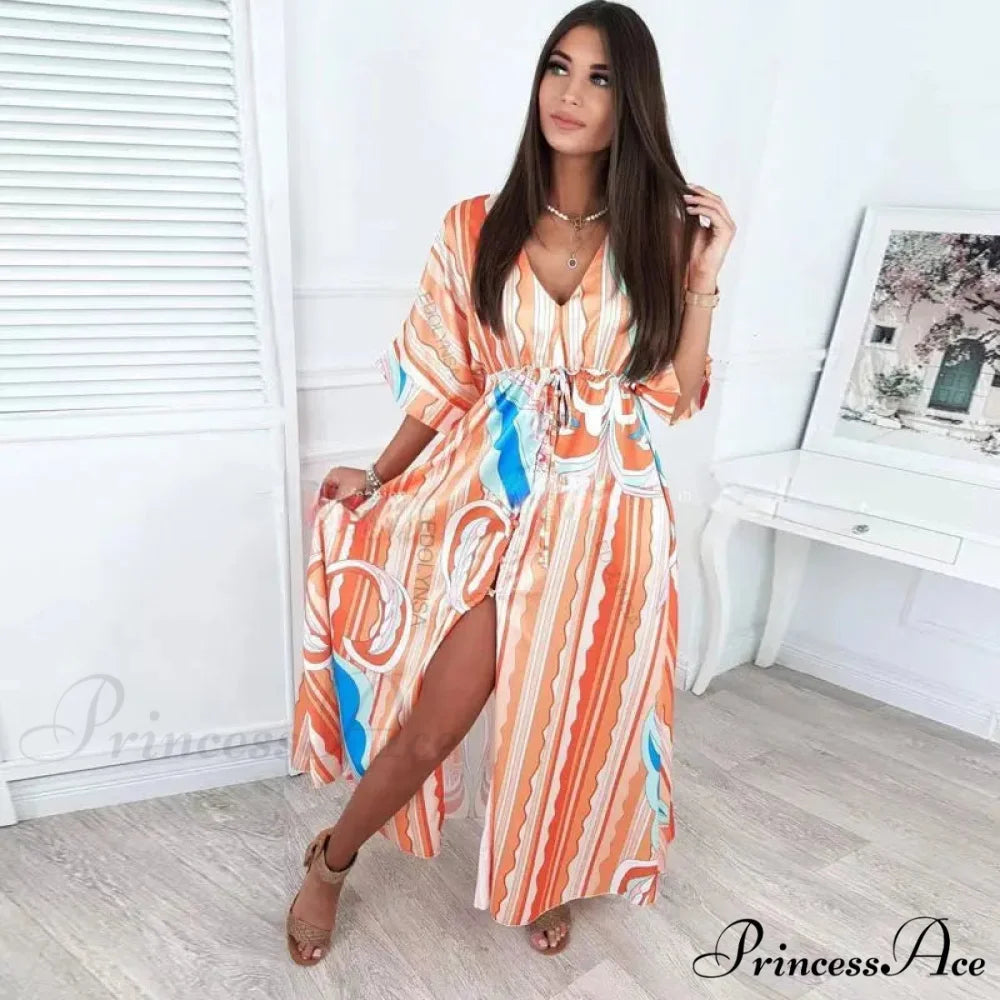 Summer Elegant Gorgeous Printing Long Party Boho Dress ORANGE RED / S