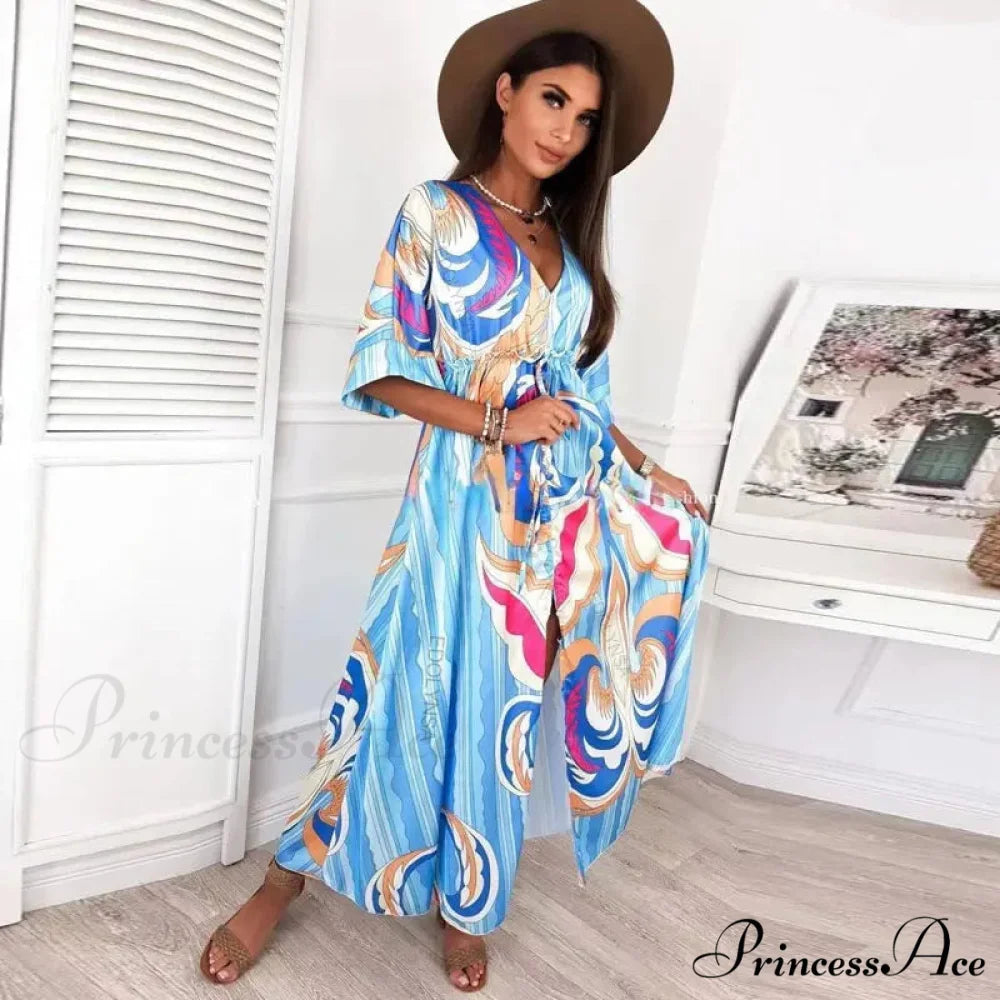 Summer Elegant Gorgeous Printing Long Party Boho Dress SKY BLUE / S