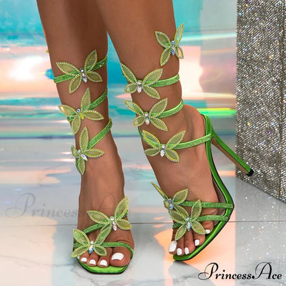 Summer Fashion Crystal Butterfly Ankle Strap Sandals - Green High Heels - Size 42 Green / 36