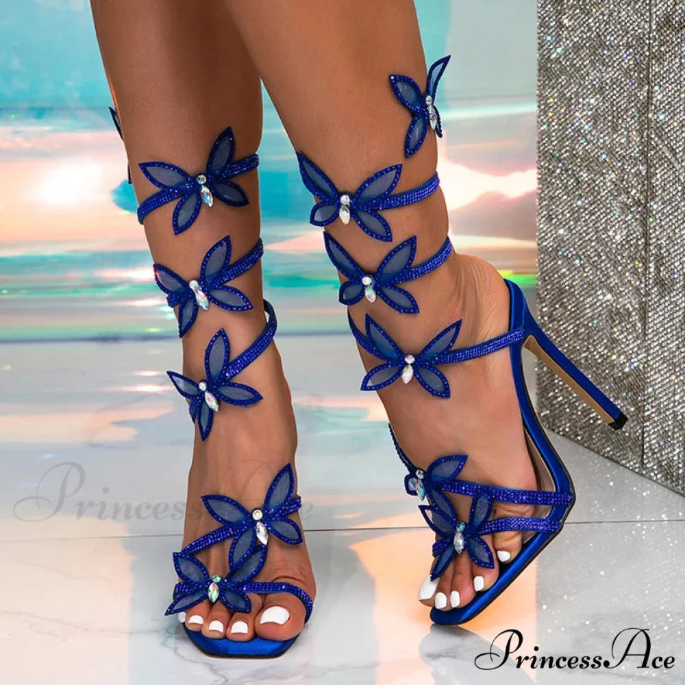Summer Fashion Crystal Butterfly Ankle Strap Sandals - Green High Heels - Size 42 Blue / 36