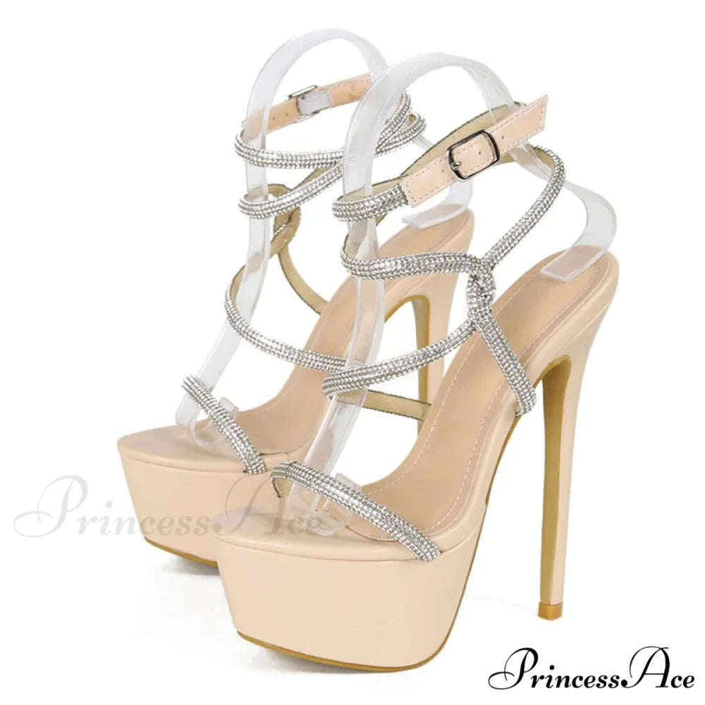 Summer Fashion Rhinestone Narrow Band Women Stiletto Sandals Open Toe Platform High Heels Party Stripper Shoes Apricot