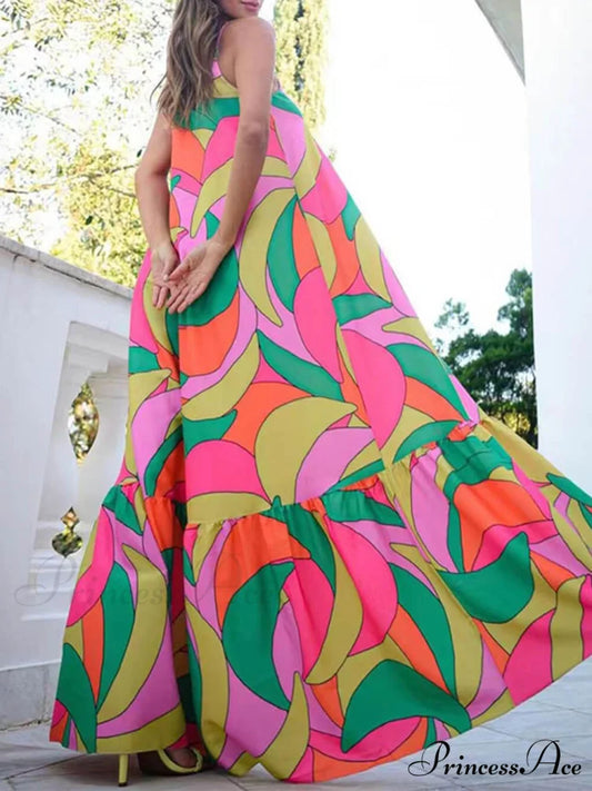 Summer French Deep V-Neck Graceful Backless Halter Printed Dresses