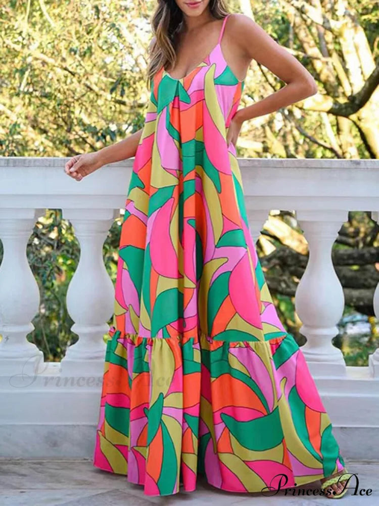 Summer French Deep V-Neck Graceful Backless Halter Printed Dresses