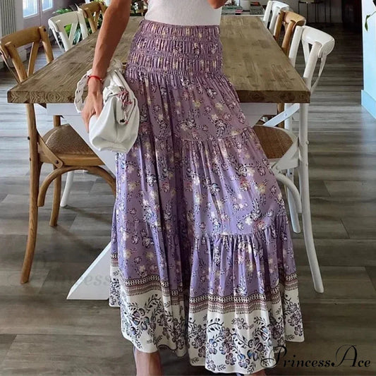 Summer Fresh Women’s Printing Skirt Flexible High Waist Pleated Boho skirt-250126