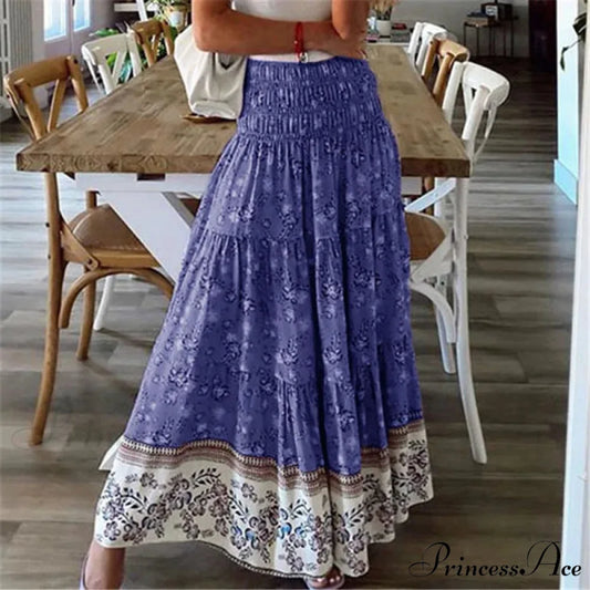 Summer Fresh Women’s Printing Skirt Flexible High Waist Pleated Boho Blue / S skirt-250126