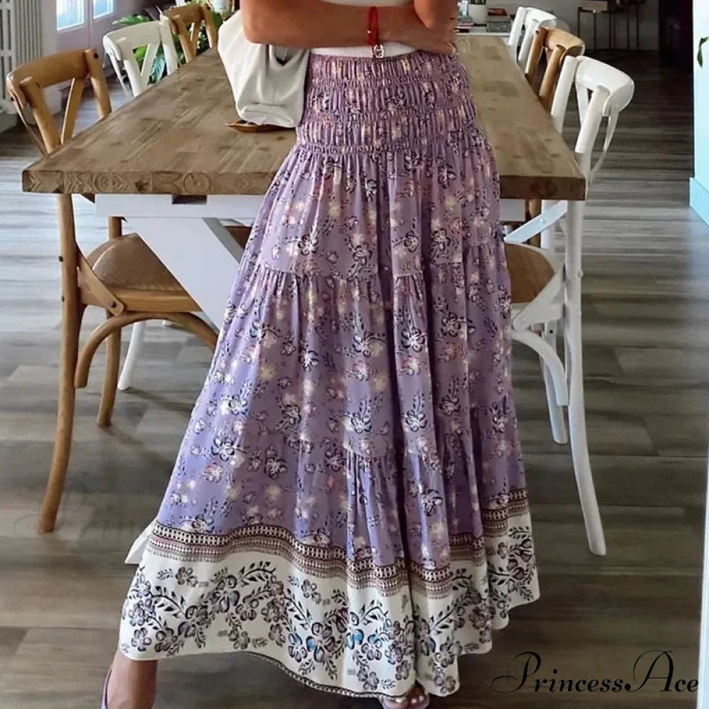 Summer Fresh Women’s Printing Skirt Flexible High Waist Pleated Boho PURPLE / S skirt-250126