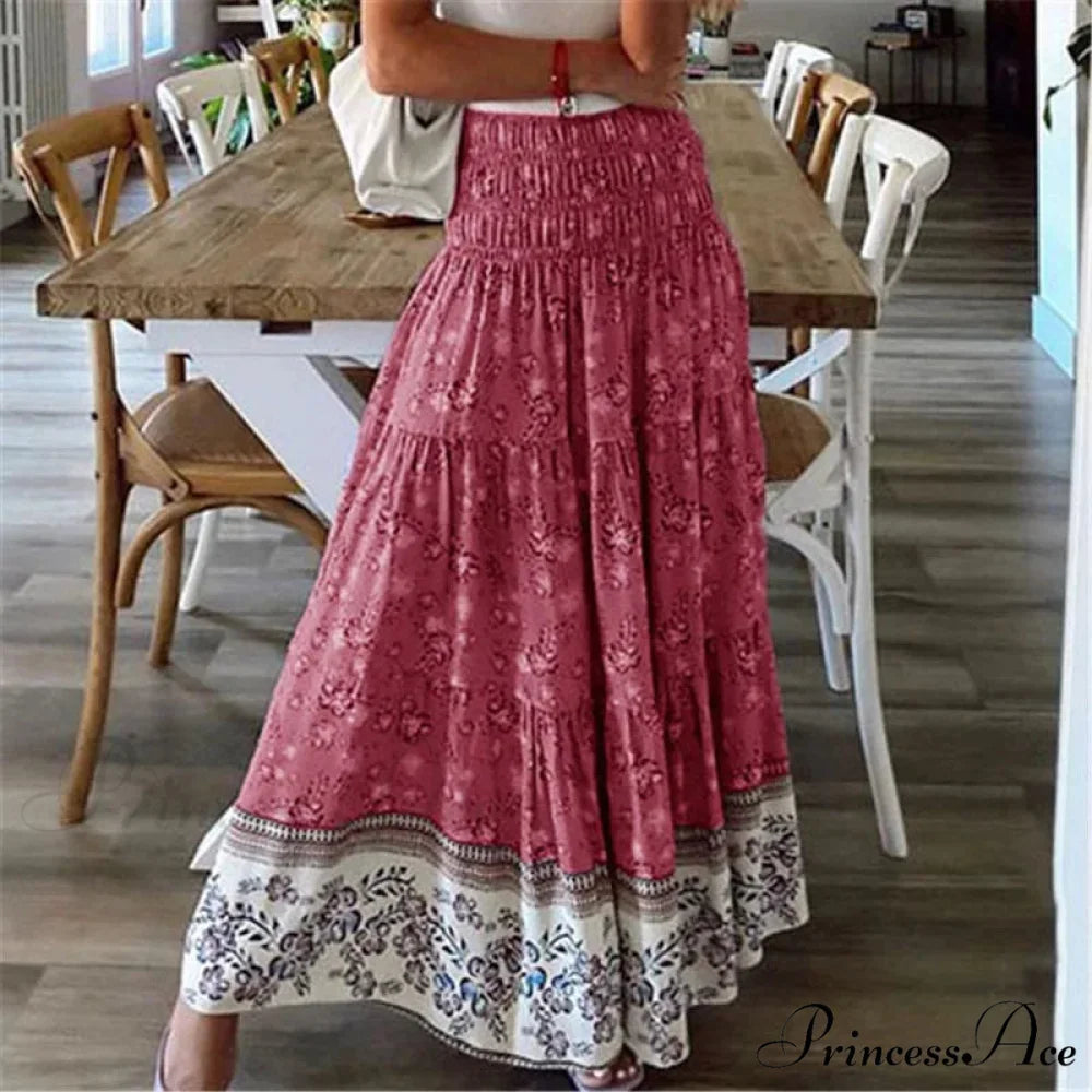 Summer Fresh Women’s Printing Skirt Flexible High Waist Pleated Boho Red / S skirt-250126