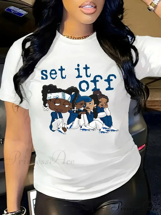 Summer-Friendly Casual Cartoon & Print Breathable Knit Women’s Tee T-shirt WHITE / S