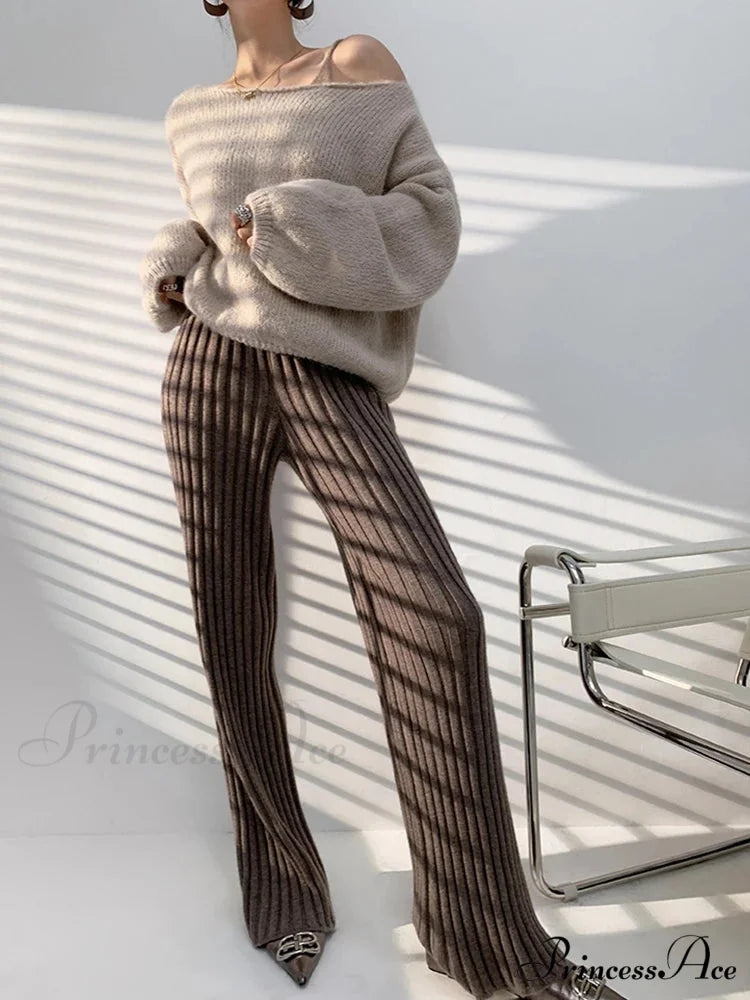 Summer Full Length Elastic Waist Yoga Slim High Waist Wide Leg Pants Brown / One Size