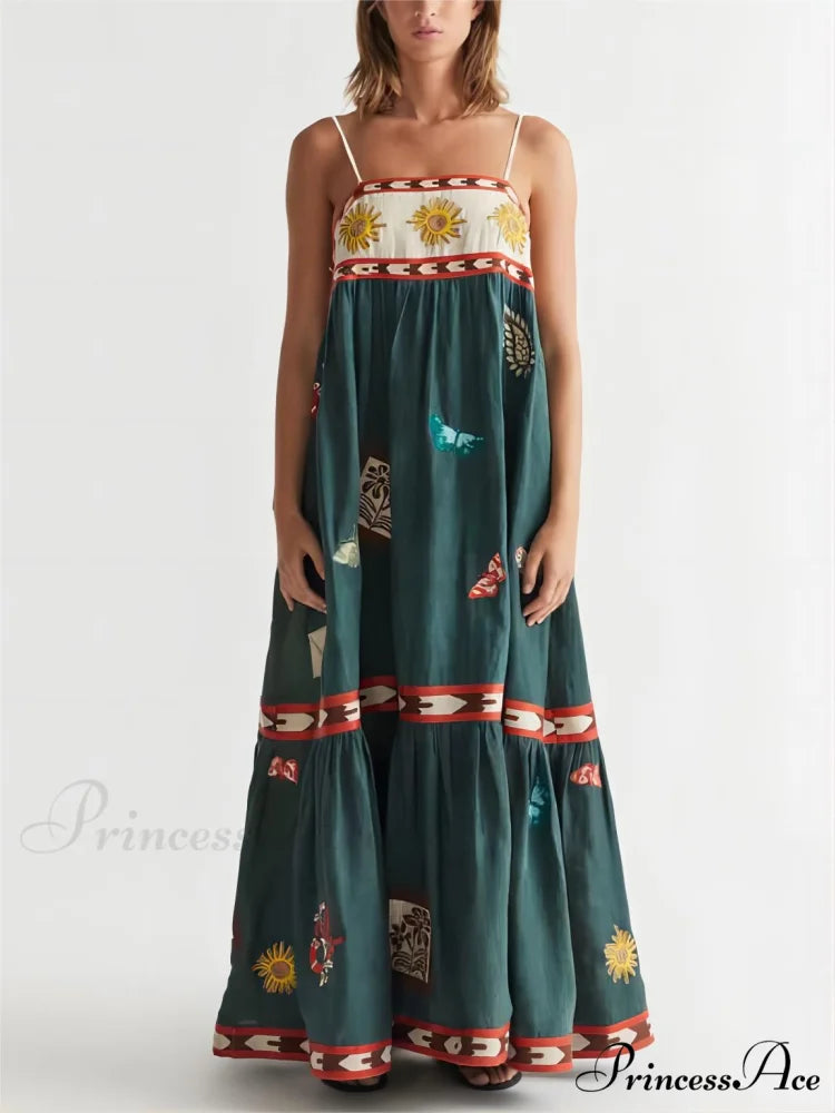 Summer Fun Unique Charming Printed Midi Dress Dark Green / S