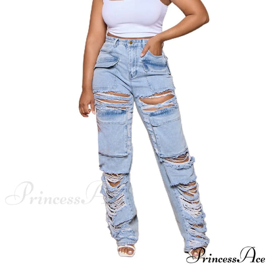 Summer Hollow Out Broken Holes Straight Jeans Blue / S