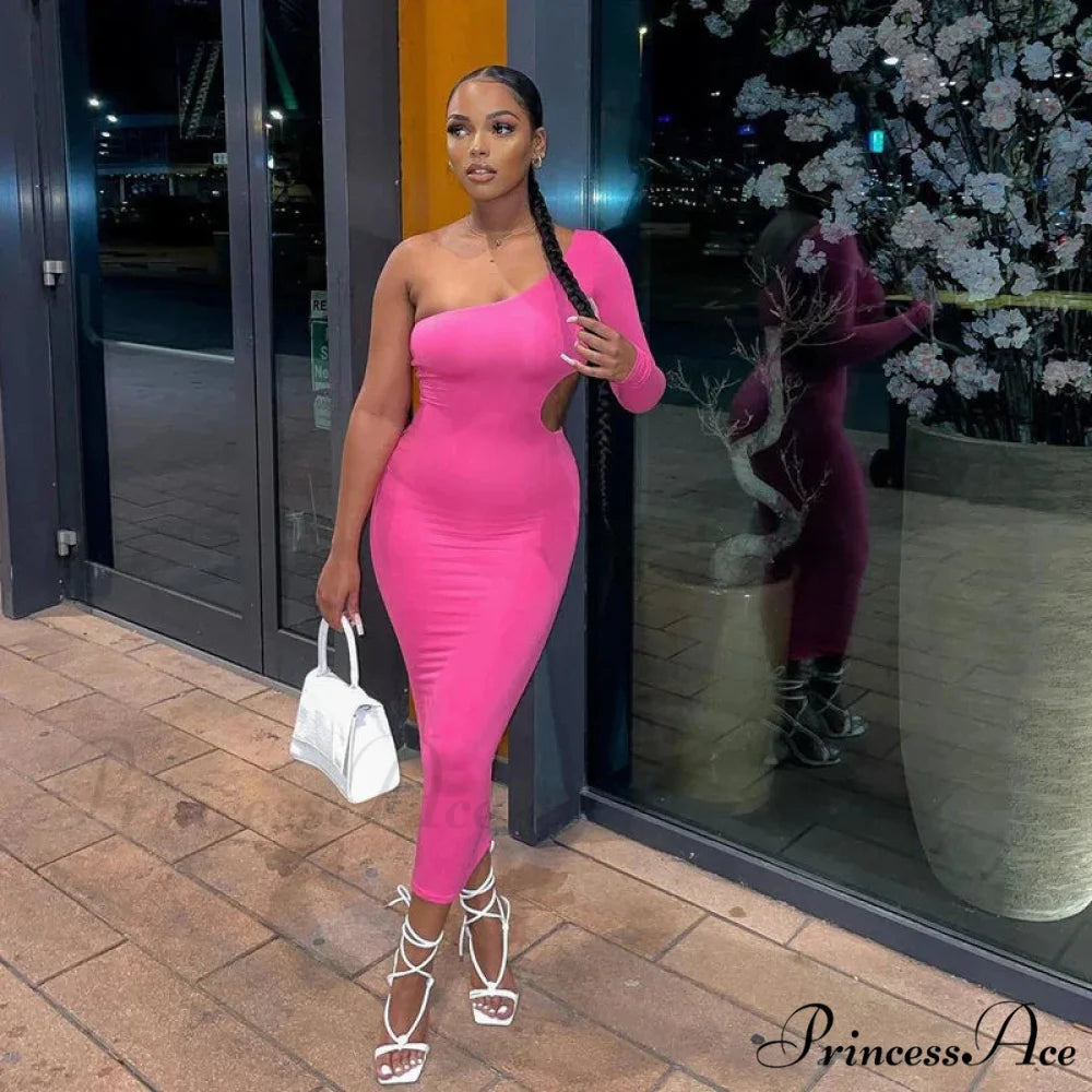 Summer in One Shoulder Hollow Out Asymmetrical Casual Bodycon Evening Elegant Woman Cut Out Dress Pink / S