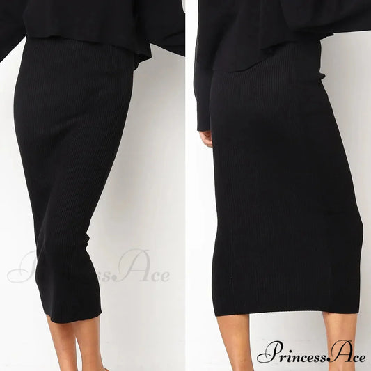 Summer Long Knitted Bodycon Slim Elegant Solid Black Midi Pencil Skirt Black / S