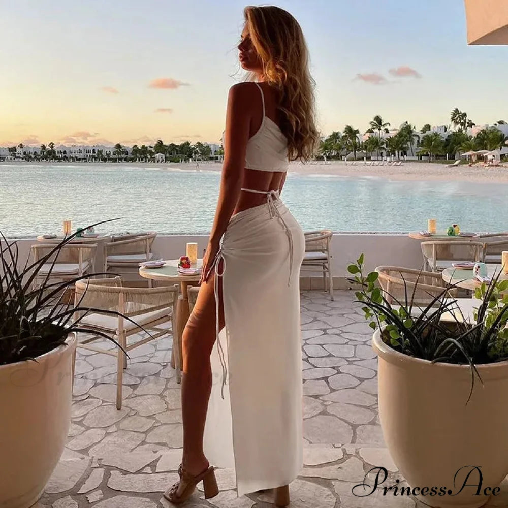Summer Long Streetwear Bodycon Hollow Out Split Elegant Evening Y2K Clothes Top Cut Out Dress