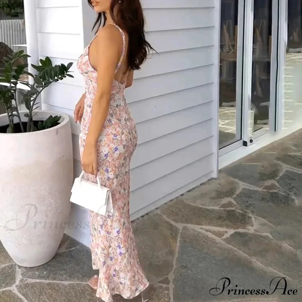 Summer Maxi Print Sleeveless Backless Lace Casual Elegant Club Party Bodycon Dress