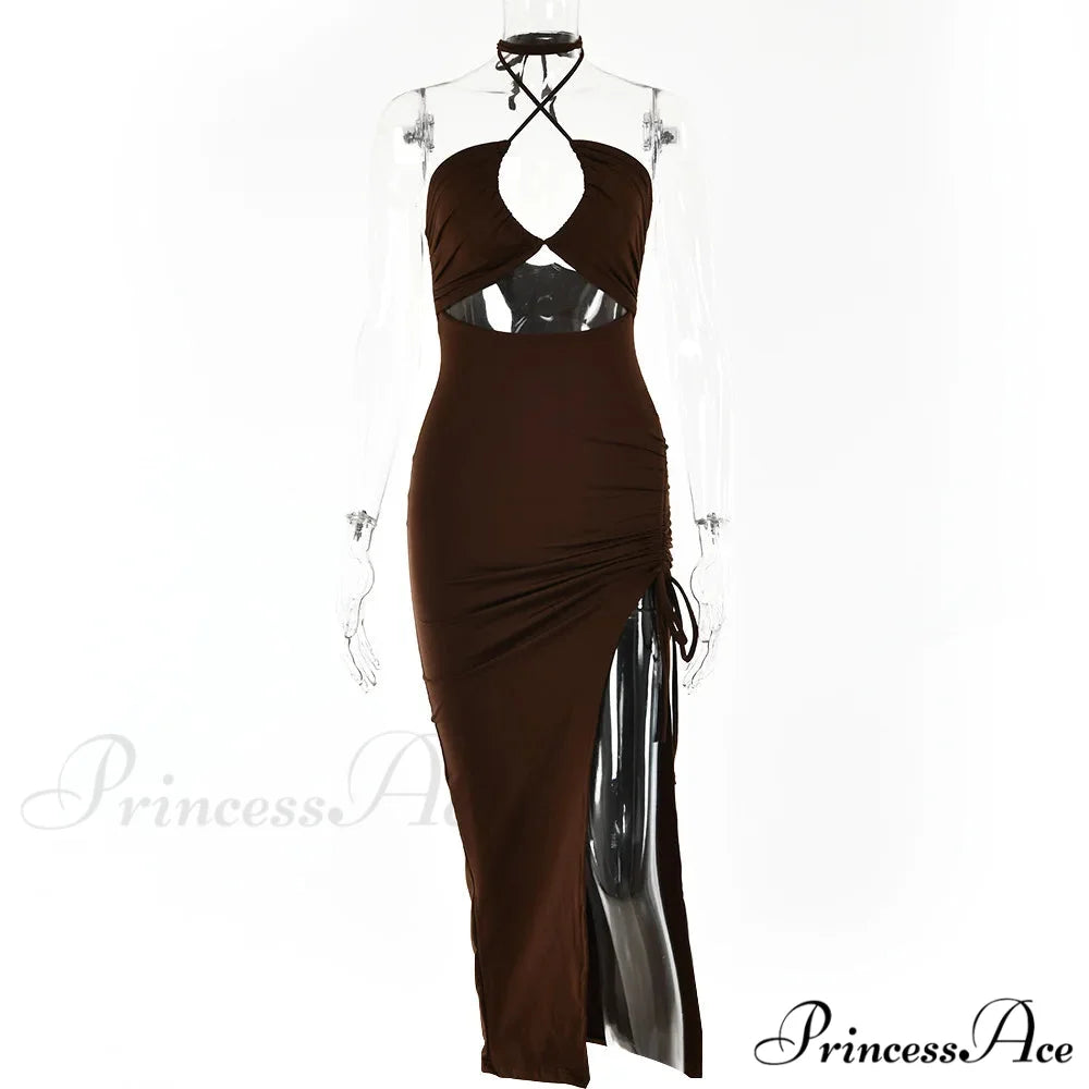 Summer Mid-length Skirt Versatile Elegant Female Fashion Vestidos Cut Out Dress Brown / S