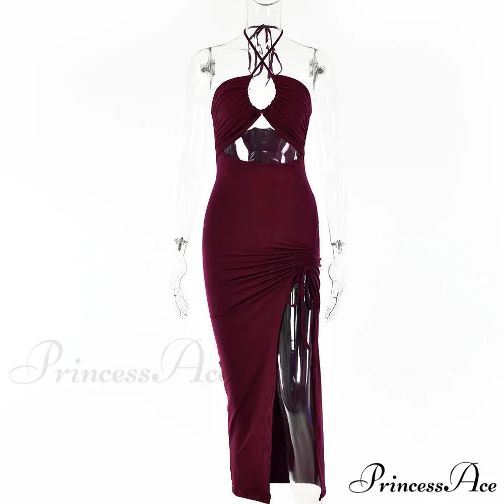 Summer Mid-length Skirt Versatile Elegant Female Fashion Vestidos Cut Out Dress Claret / S