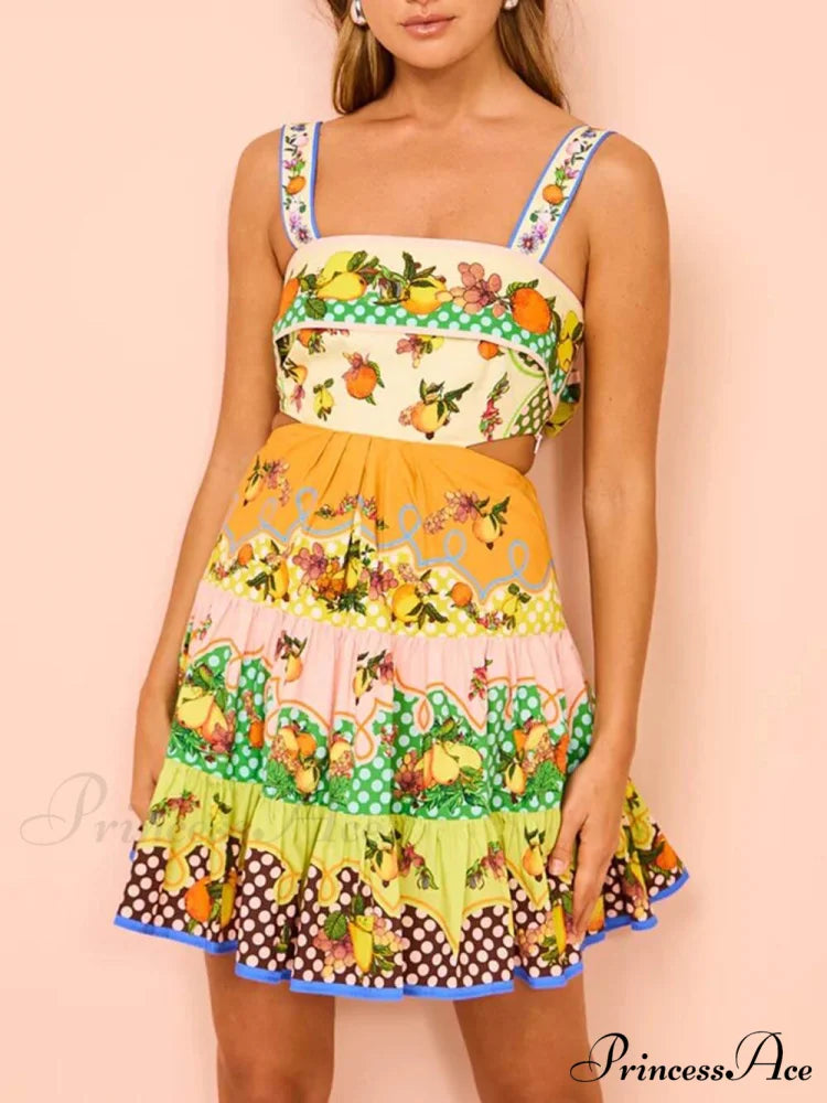 Summer MulticolorLemon Preated Charming Hem Mini Dress Multicolor / S