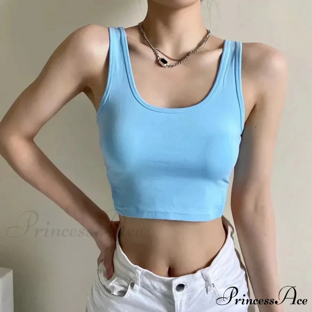 Summer New Arrival Girls Cropped Solid Color Tight-Fitting Round Neck Vest with Side Slits Tank top Blue / S