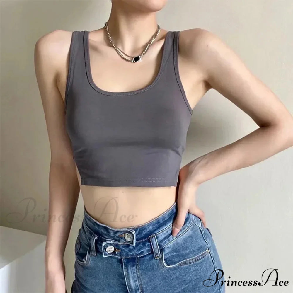 Summer New Arrival Girls Cropped Solid Color Tight-Fitting Round Neck Vest with Side Slits Tank top Dark Grey / S