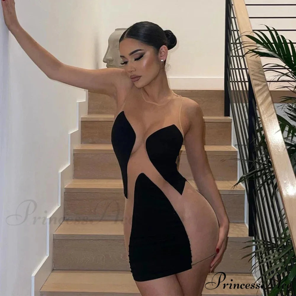 Summer New Line Women’s Mesh Perspective Splice Milk Silk Contrast Cut Out Dress