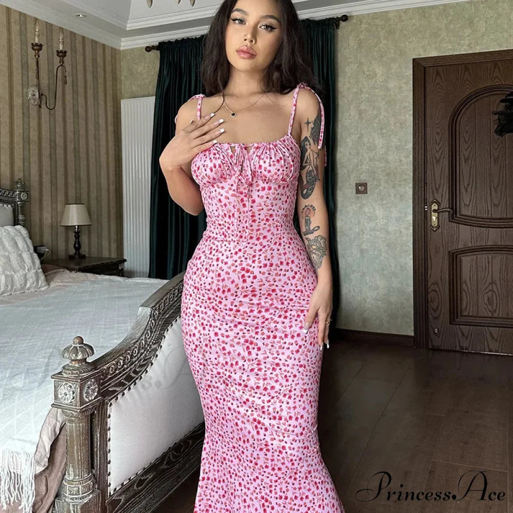 Summer Off Shoulder Lace Up Deep V Neck es Ladies Holiday Casual Long Woman Floral Dress Pink / S