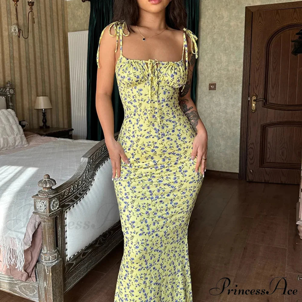Summer Off Shoulder Lace Up Deep V Neck es Ladies Holiday Casual Long Woman Floral Dress Yellow / S