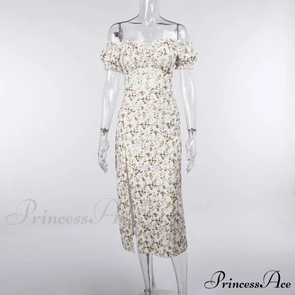 Summer Off Shoulder Puff Sleeve Lace Up Side Split Chic Aesthetic Floral Dress