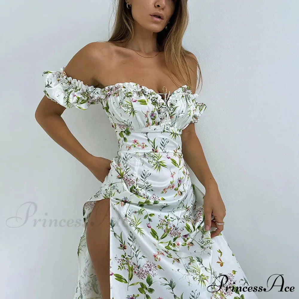 Summer Off Shoulder Puff Sleeve Lace Up Side Split Chic Aesthetic Floral Dress WHITE / S