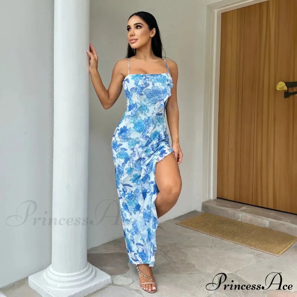 Summer Off-the-Shoulder Flanged Splicing Split Halter Sexy Costume Fashion es 2024 Floral Dress