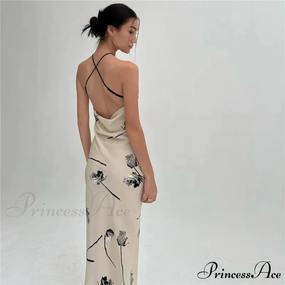 Summer Print Long Halter Backless Satin Split es Women 2024 Hot Vestidos Floral Dress Beige / S